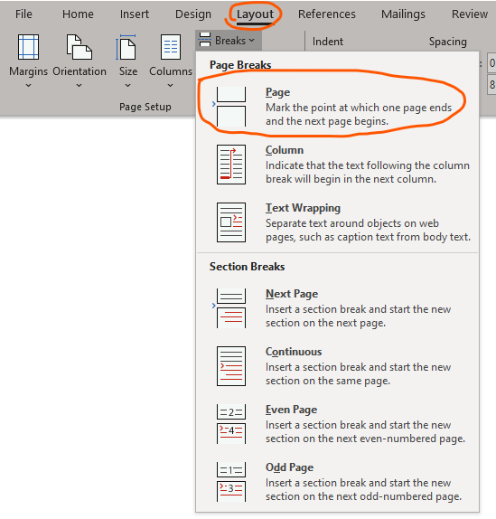 adding page break layout