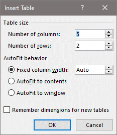 table dialog box