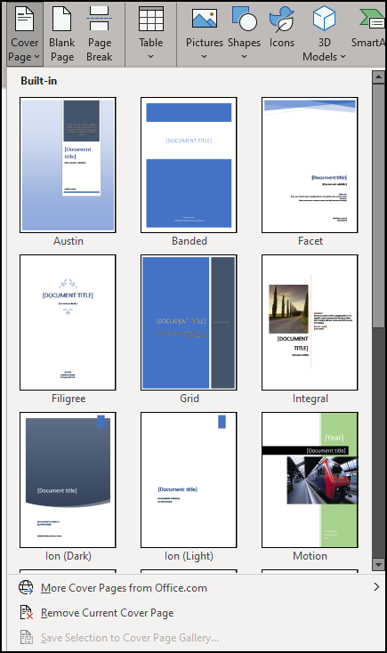 cover page options