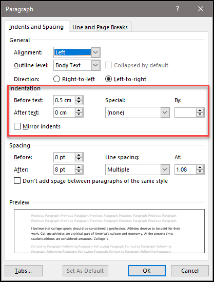 Indentation Settings