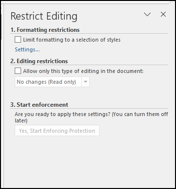 Restrict editing dialog box