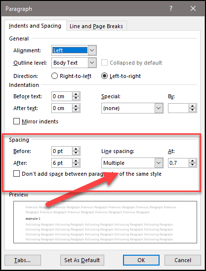 Line spacing change